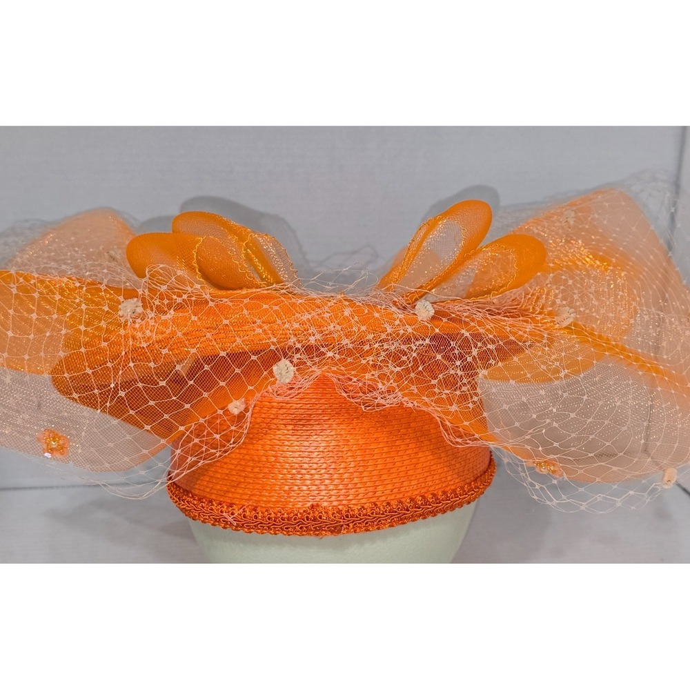 Charm Womens Orange Fascinator Pillbox Hat Mesh Bow Wedding Kentucky Derby New